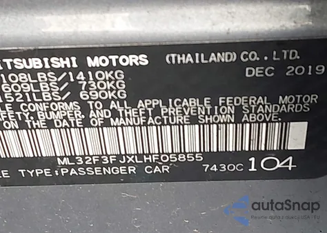 2020 Mitsubishi Mirage G4 Es из США, поврежденный, VIN ML32F3FJXLHF05855